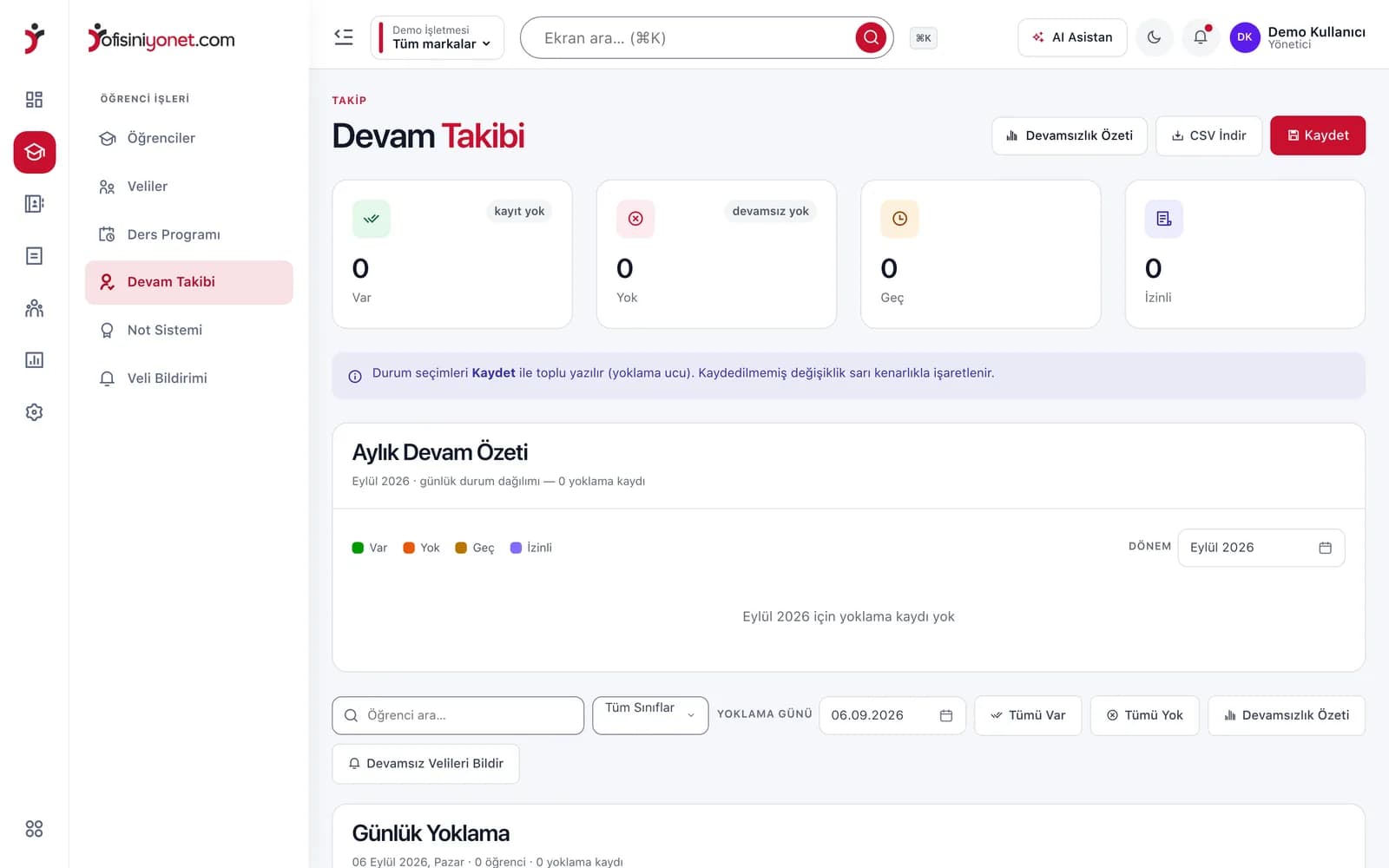 Ofisiniyönet devam takibi ekranı