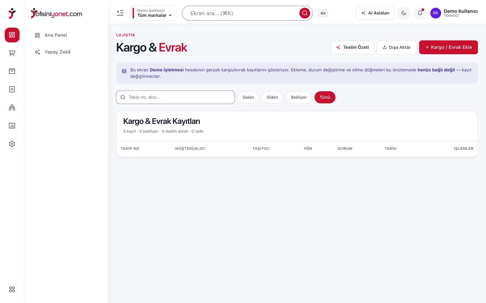 Ofisiniyönet kargo ekranı
