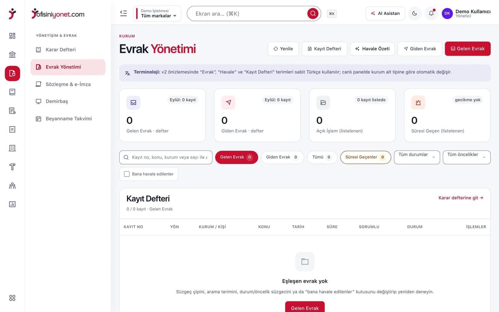 Ofisiniyönet evrak arşivi ekranı