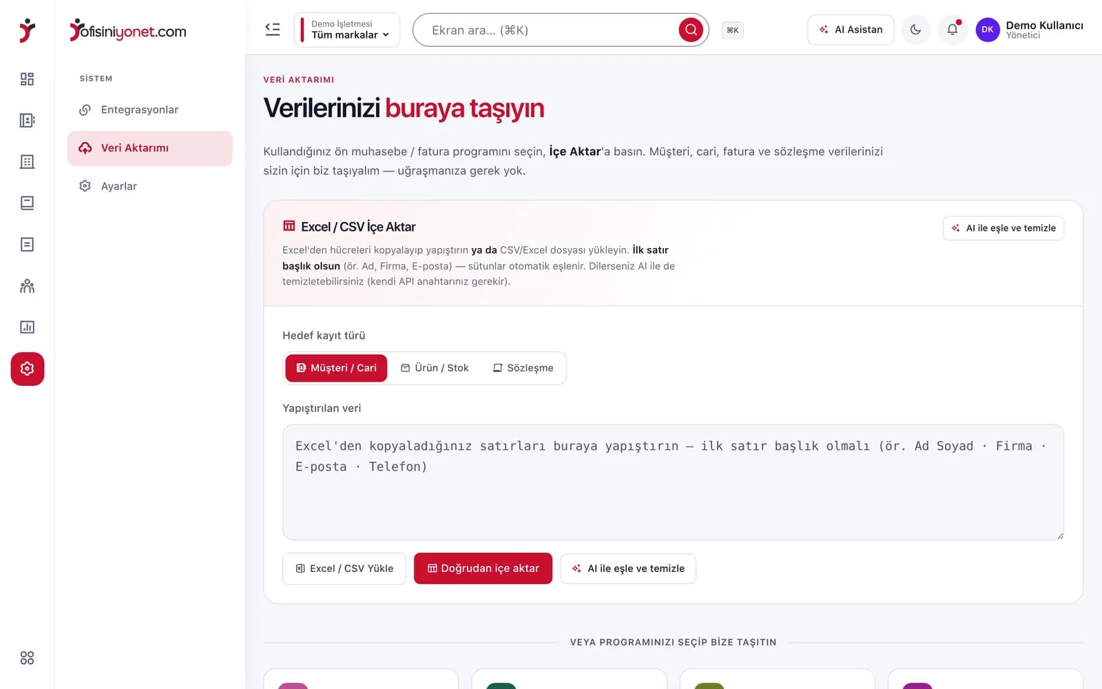 Ofisiniyönet i̇çe aktarım ekranı
