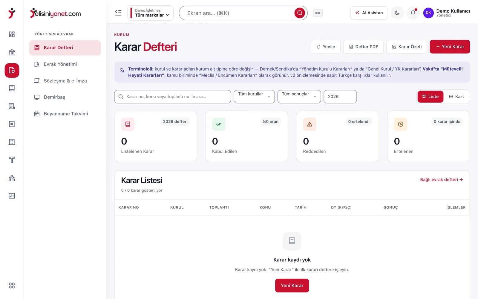 Ofisiniyönet karar defteri ekranı