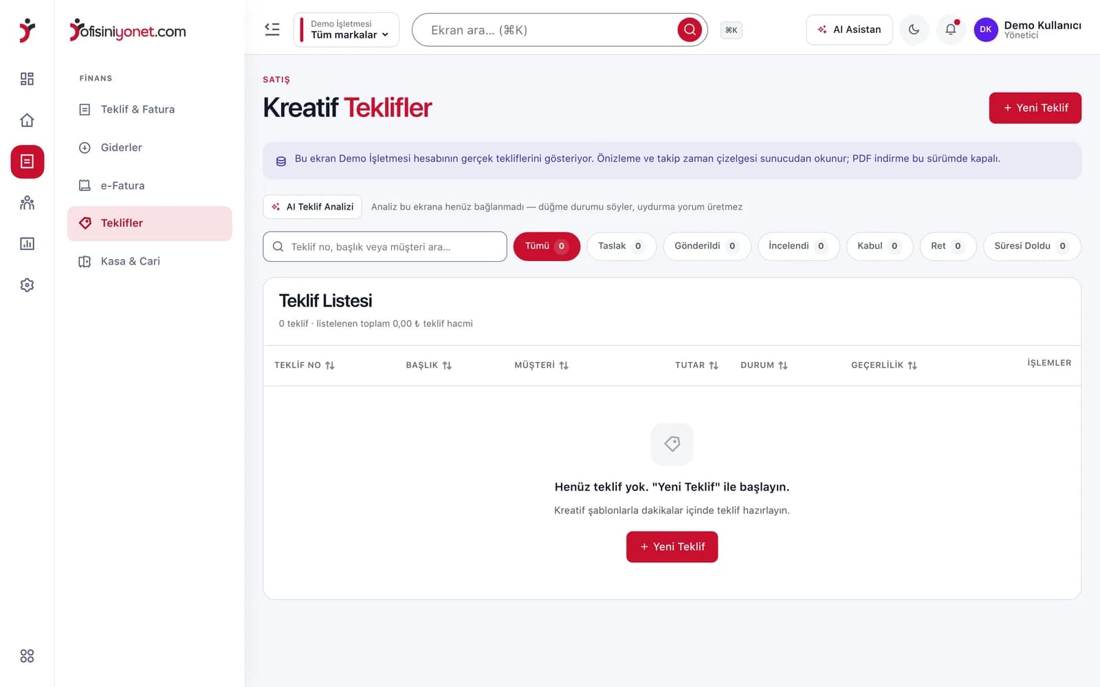 Ofisiniyönet teklifler ekranı