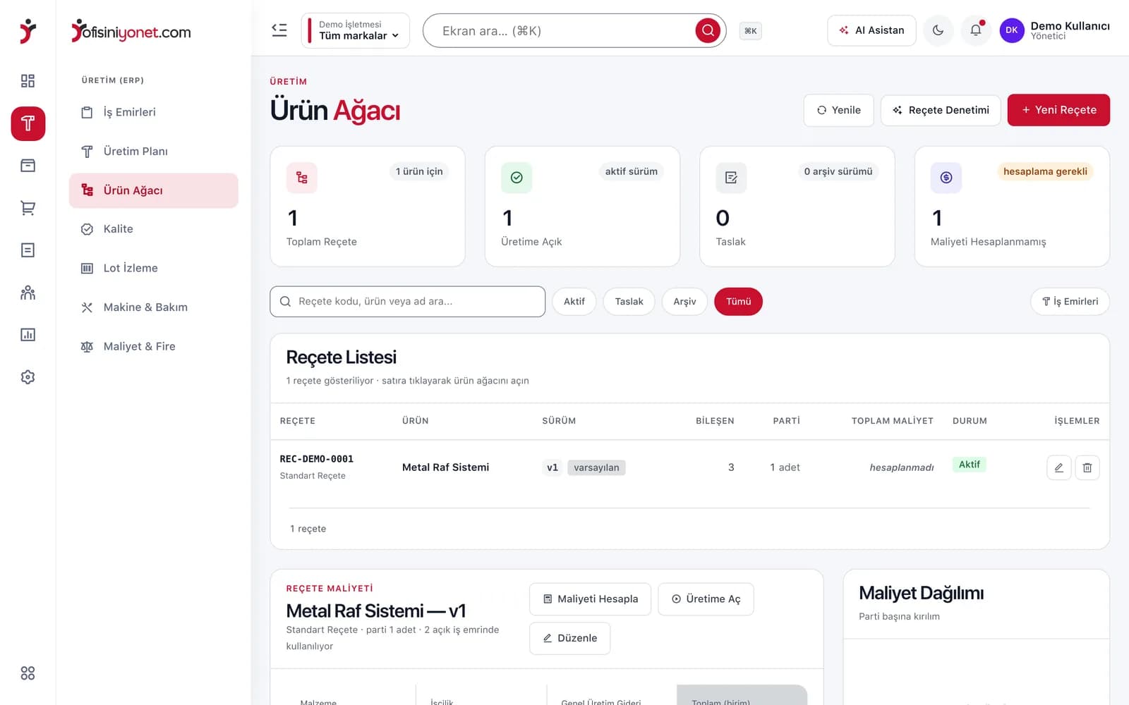 Ofisiniyönet ürün ağacı ekranı