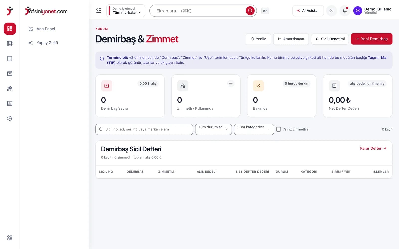 Ofisiniyönet demirbaş listesi ekranı