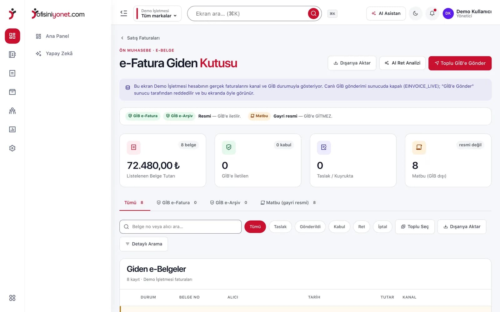 Ofisiniyönet e-fatura giden kutusu ekranı