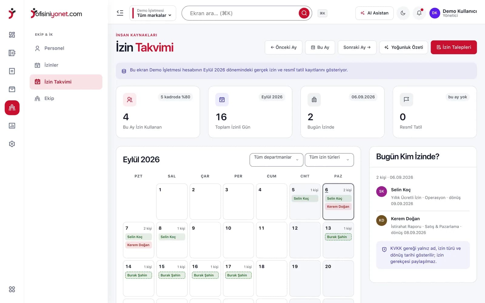 Ofisiniyönet i̇zin takvimi ekranı
