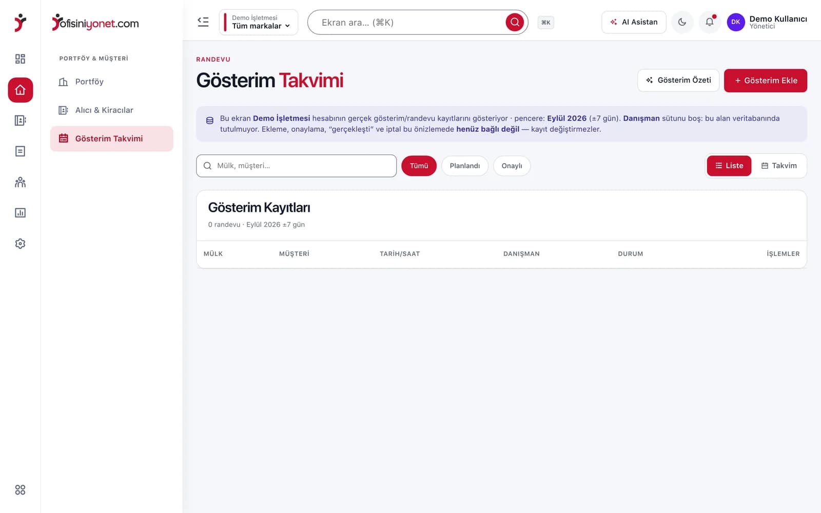 Ofisiniyönet gösterimler ekranı