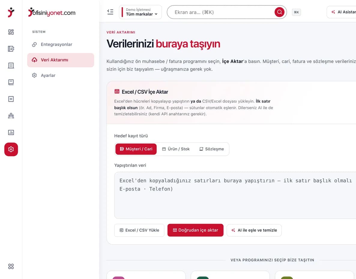 Excel içe aktarma ekranı