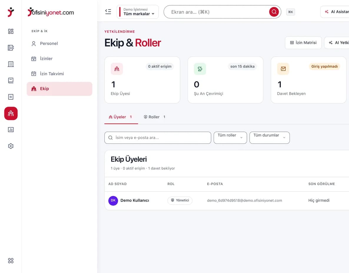 Ekip ve roller ekranı