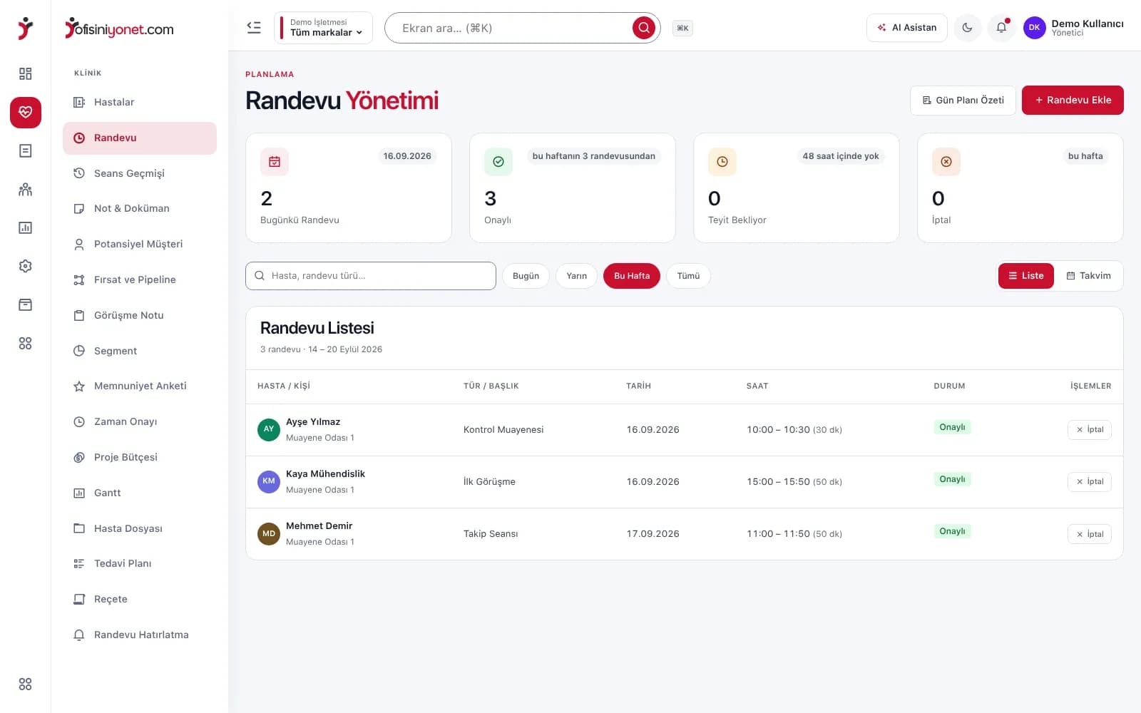 Sağlık paneli — randevu takvimi ekranı