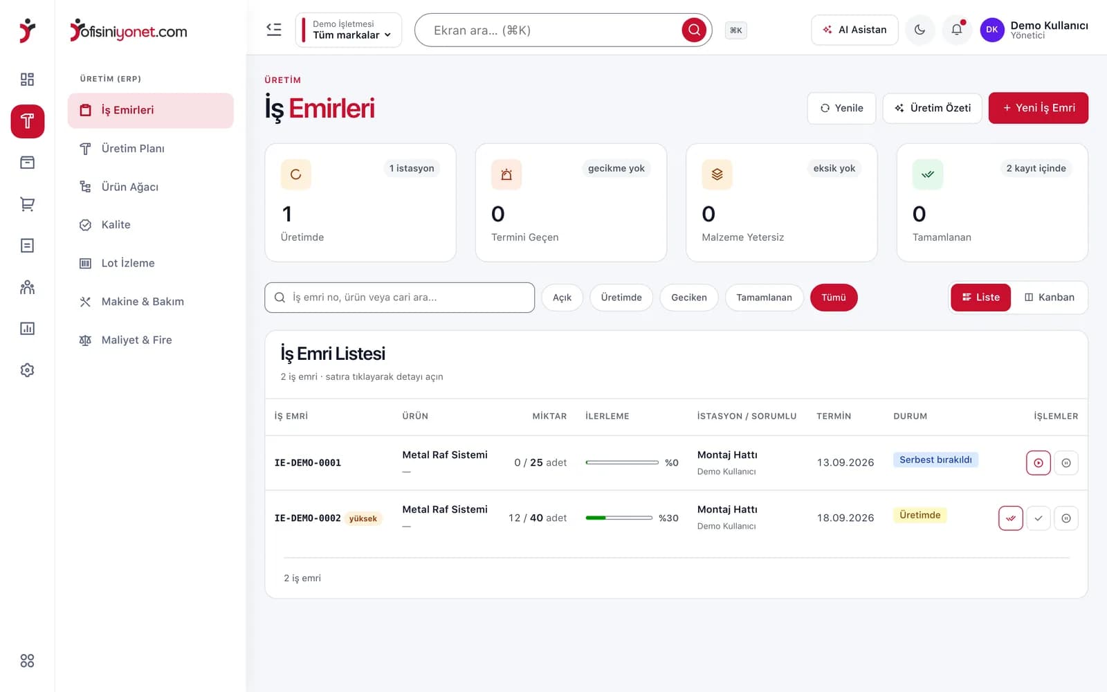 Üretim paneli — iş emri panosu