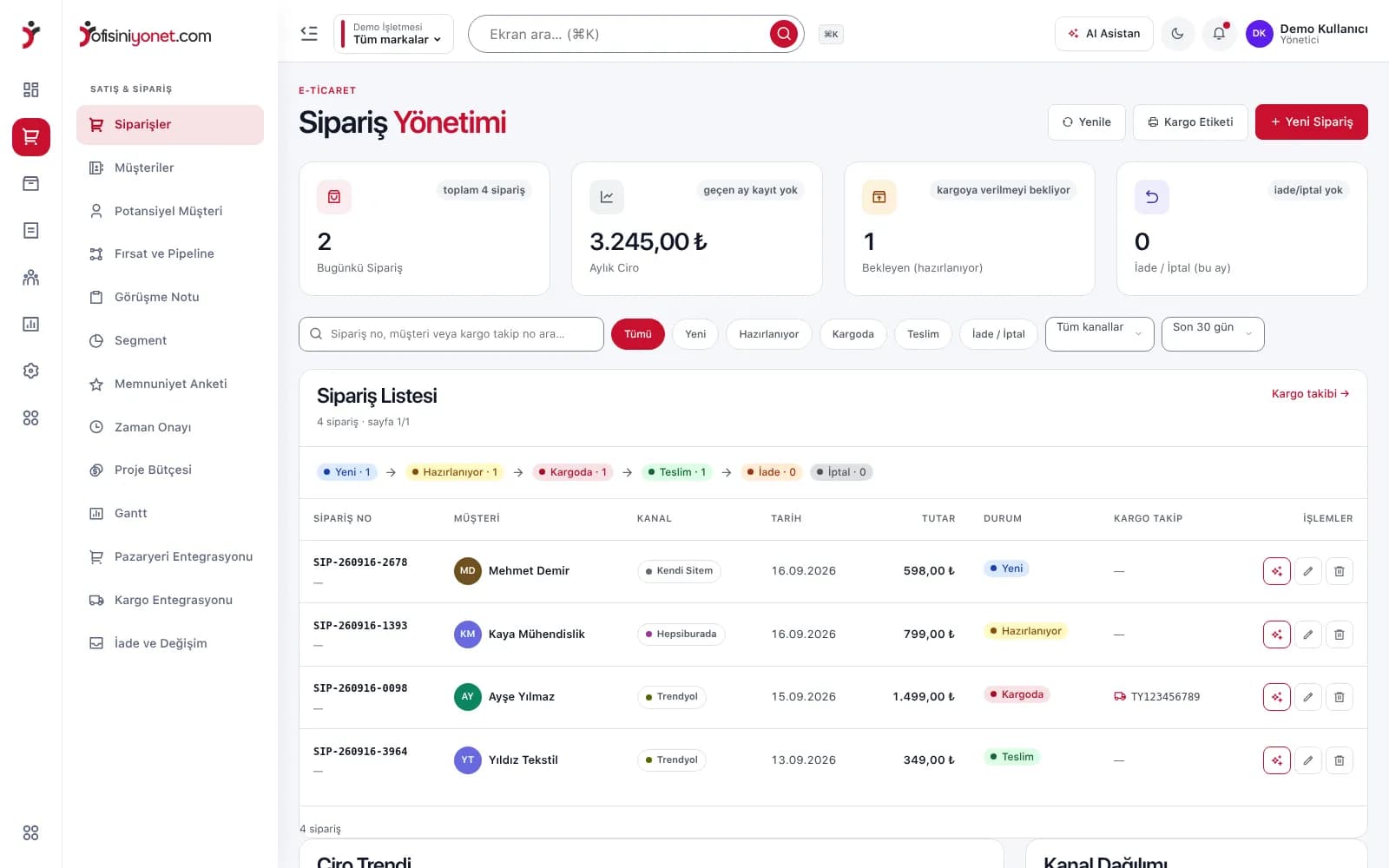 E-ticaret paneli — sipariş listesi ekranı