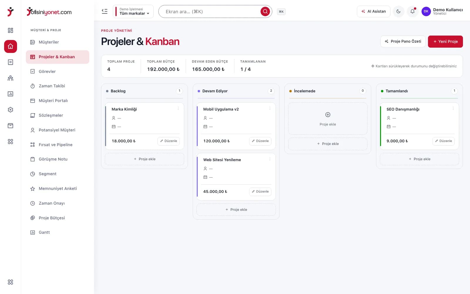 Ajans paneli — proje Kanban panosu