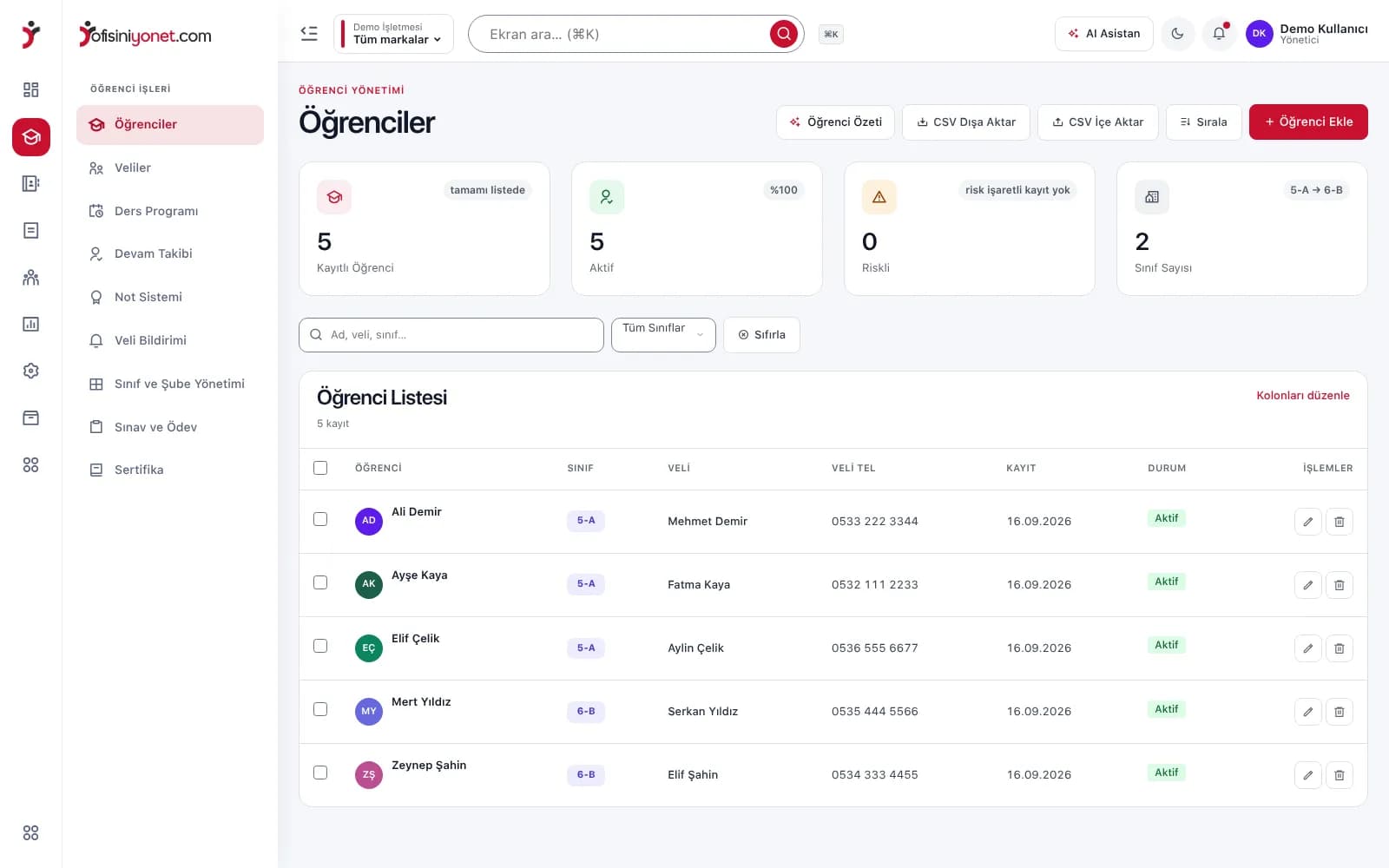 Eğitim paneli — öğrenci listesi ekranı