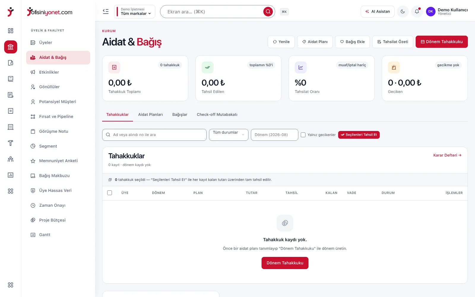 Kurum paneli — üye ve aidat ekranı