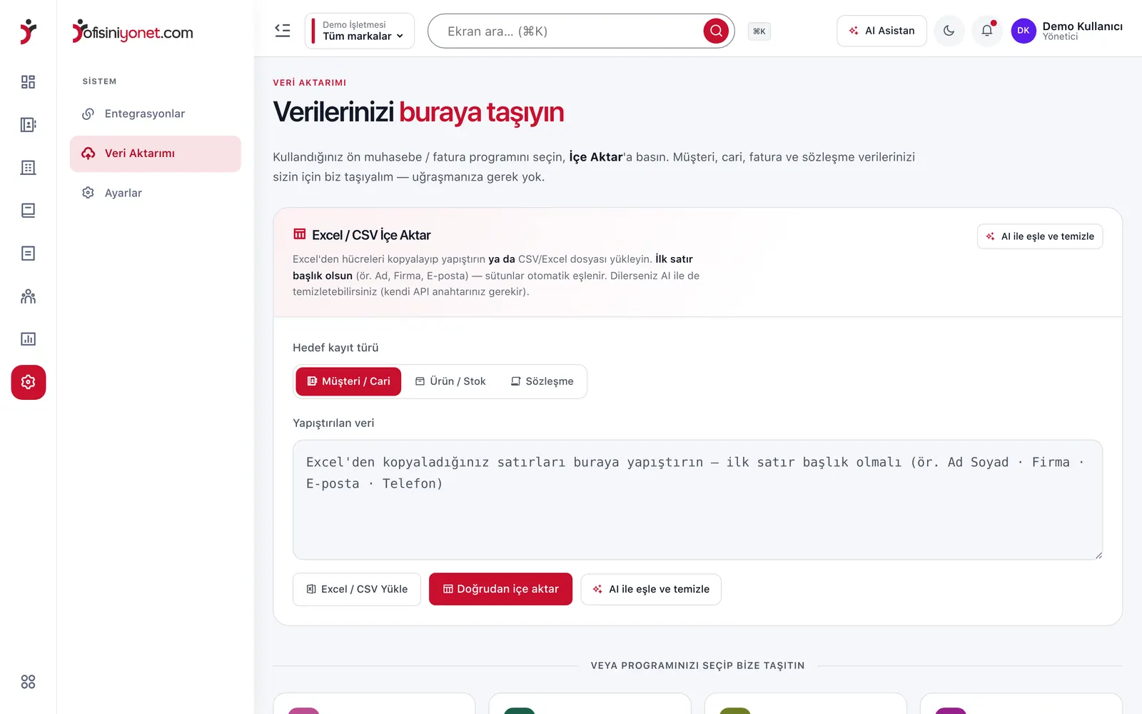 Ofisiniyönet içe aktarım ekranı — dosya kolonlarının eşlenmesi