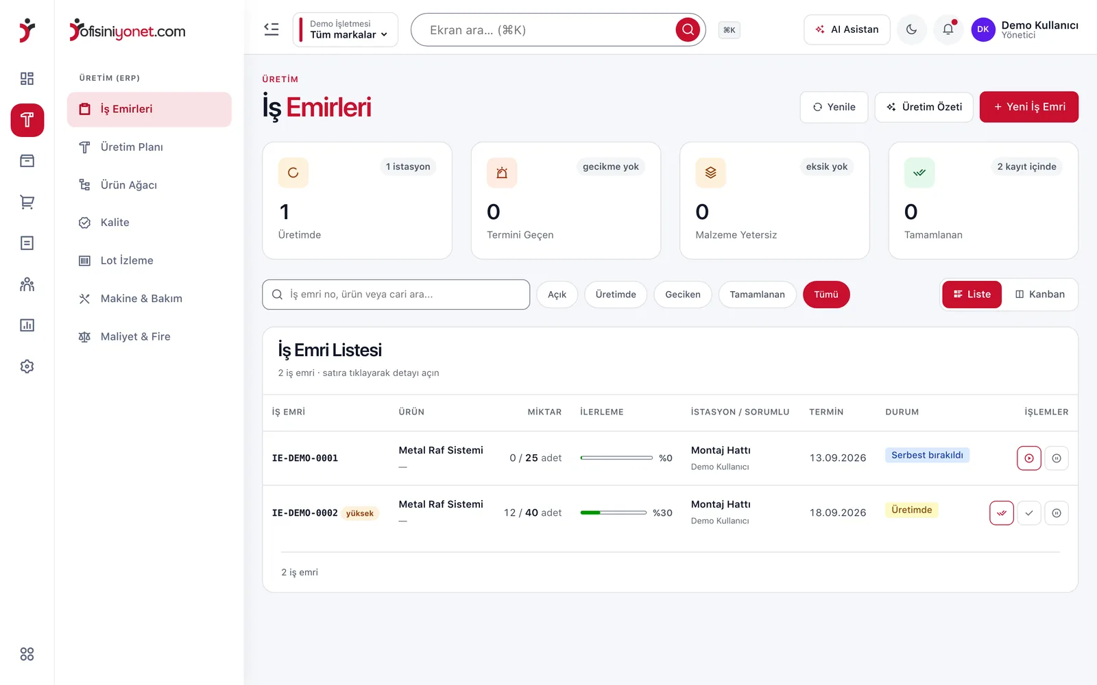Üretim paneli — iş emri Kanban panosu