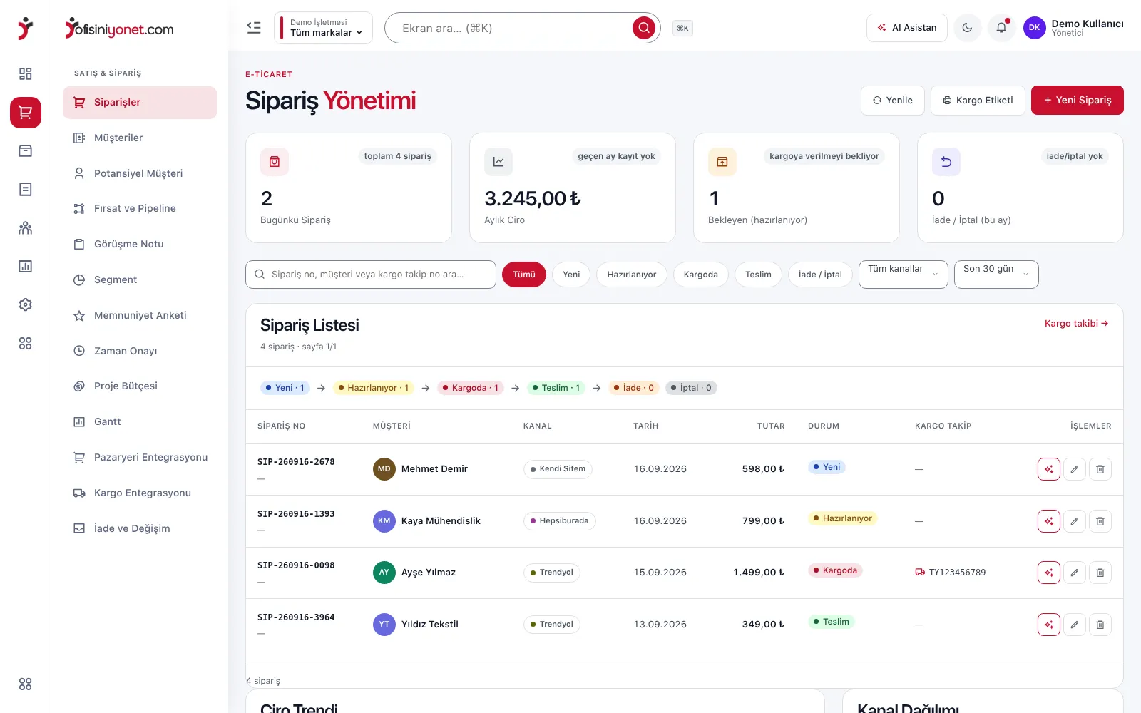E-ticaret paneli — sipariş ve kargo ekranı